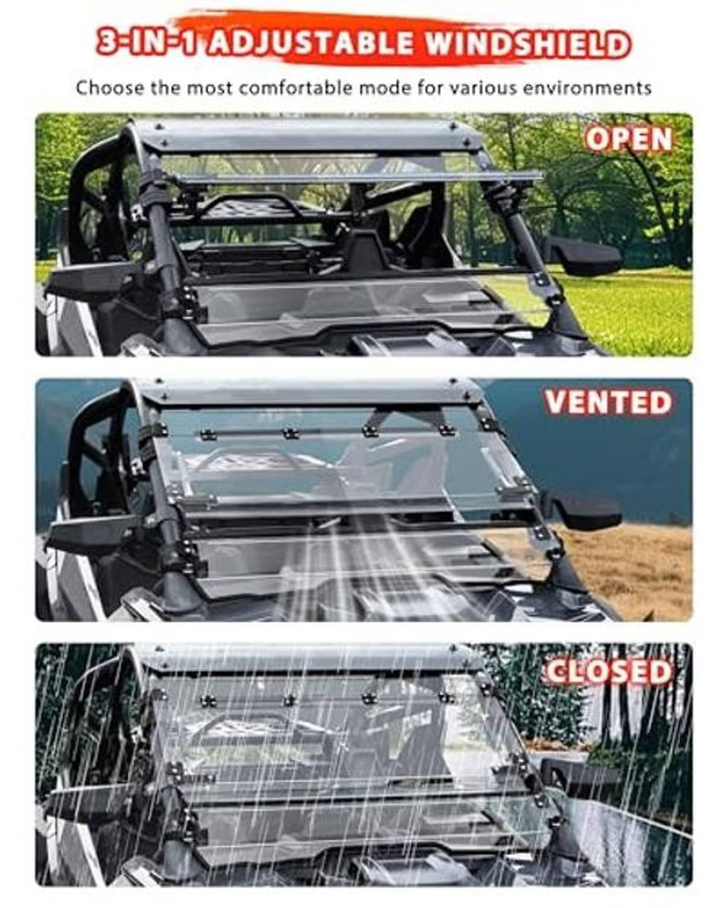 Adjustable UTV windshield with flip-up positions for open, vented, and closed airflow