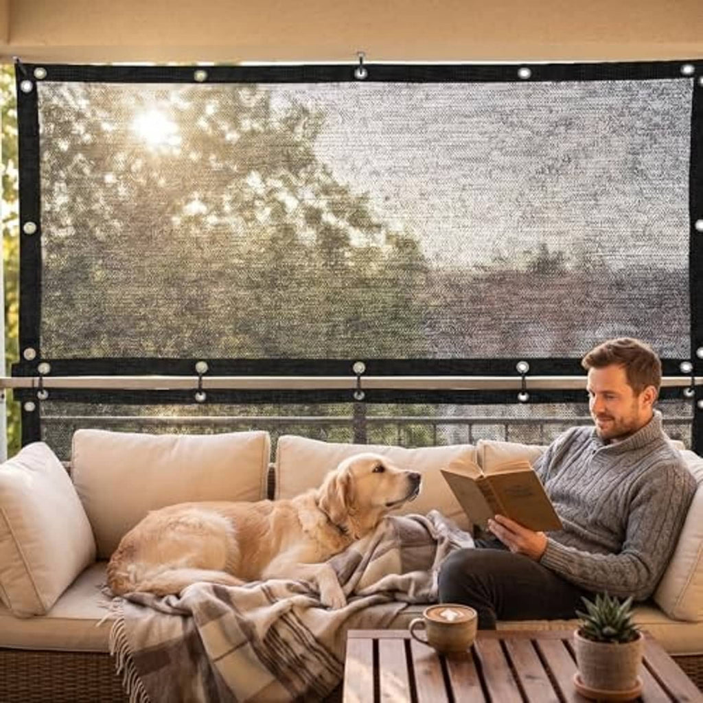 Black 50% mesh shade cloth tarp hung over patio seating with dog