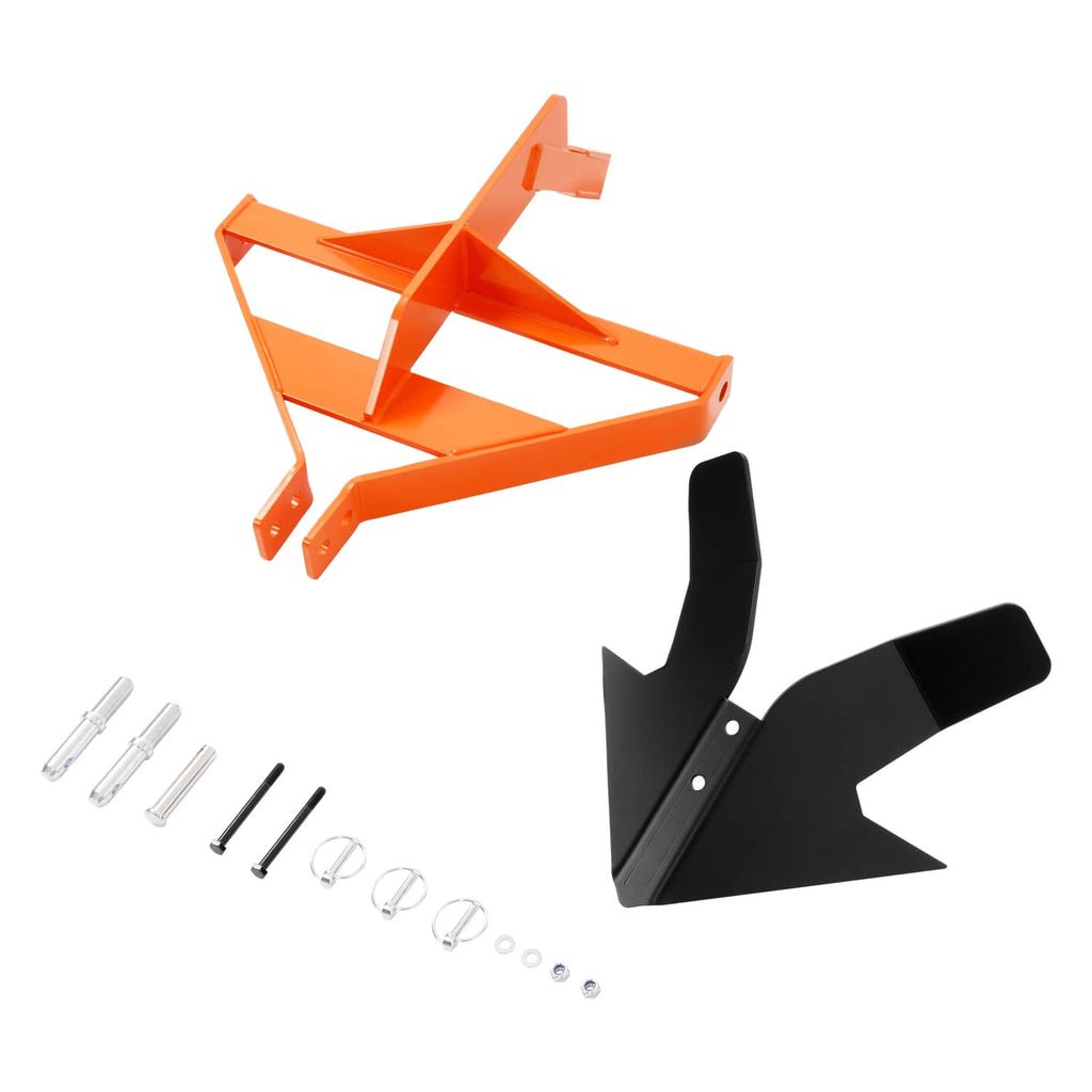 Orange steel middle buster quick hitch with black ground blade and installation hardware