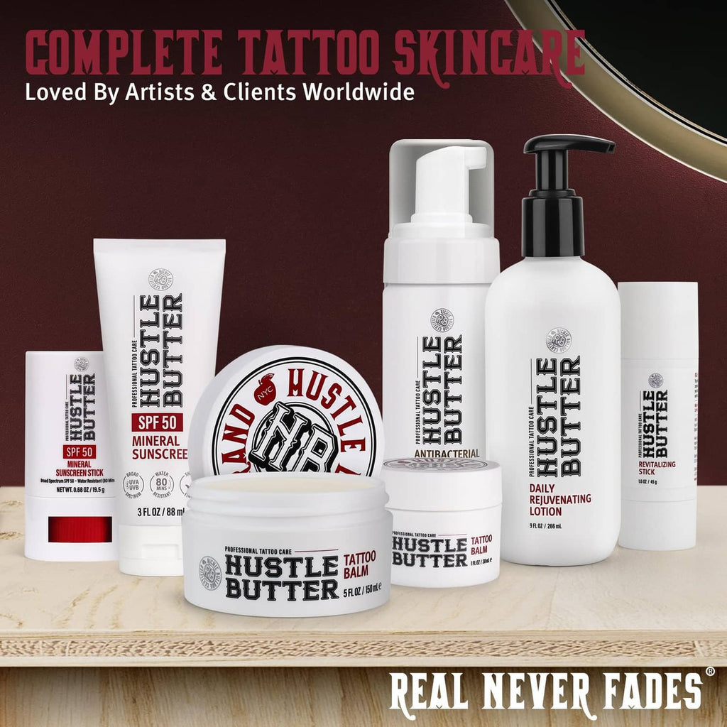 Hustle Butter tattoo aftercare sunscreen lineup with SPF 50 stick and other products