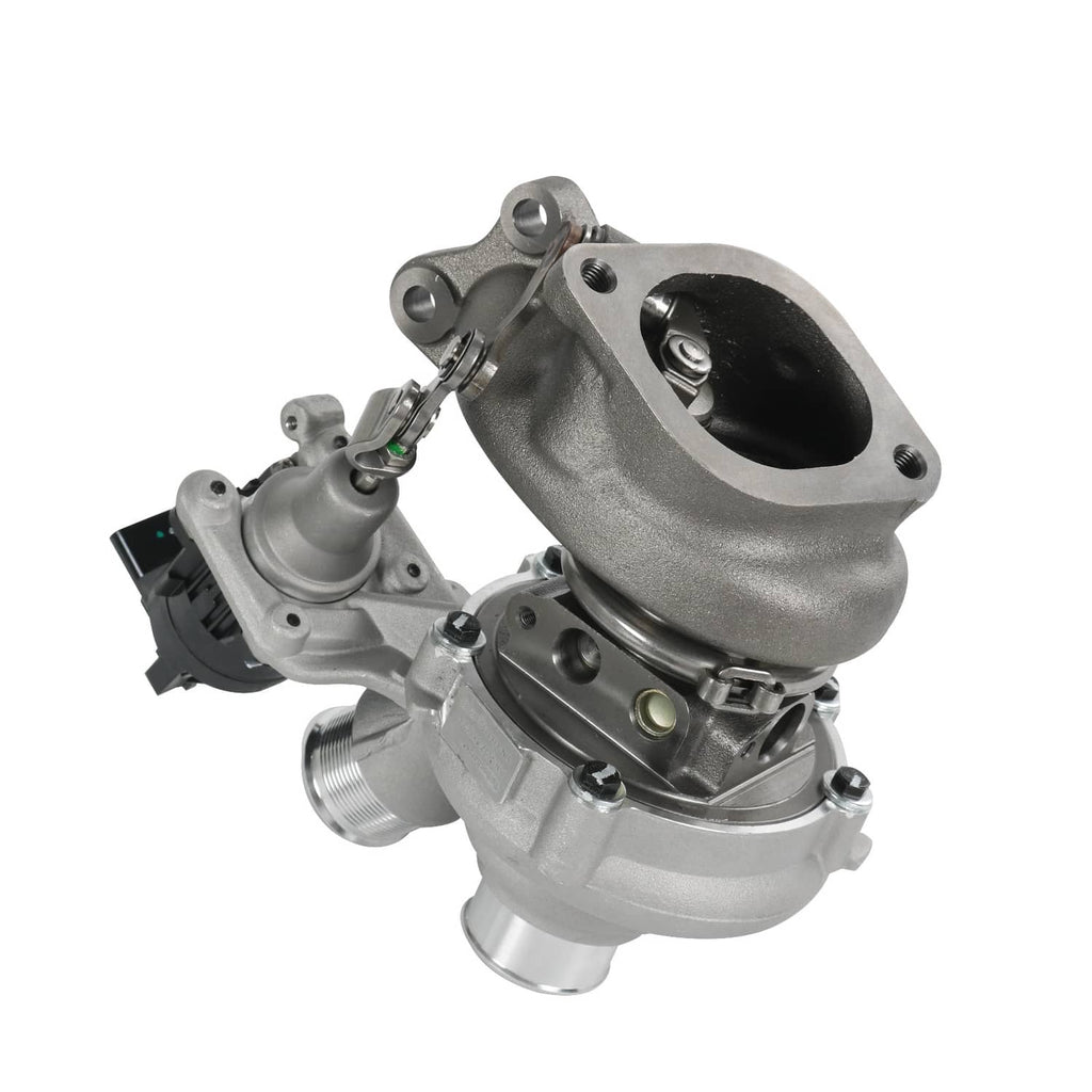Turbocharger with oval inlet opening and black electrical plug, close side view