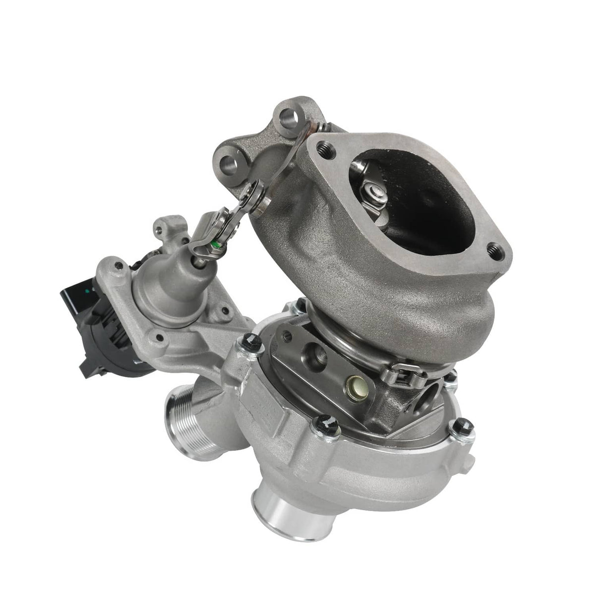 Turbocharger with oval inlet opening and black electrical plug, close side view