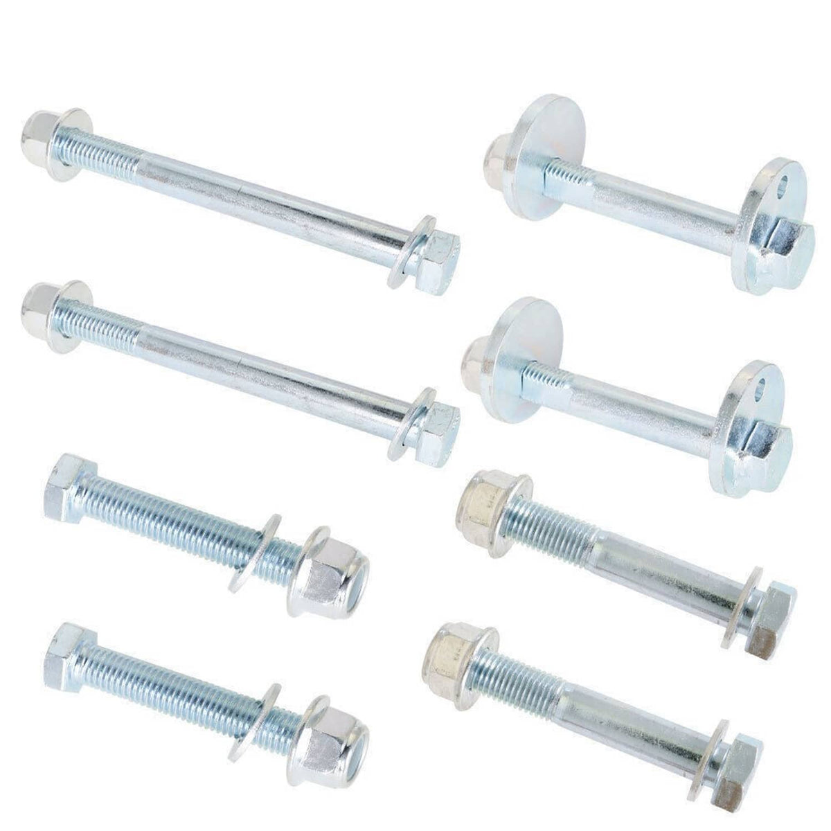 Front control arm cam bolt hardware kit: multiple silver bolts with flange washers