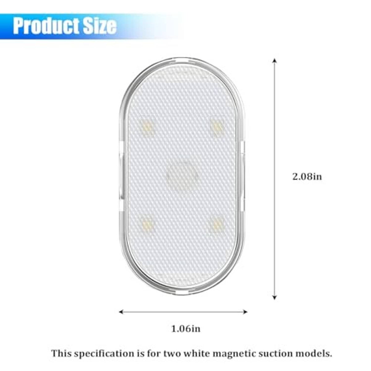 Oval white LED interior light dimensions: 2.08 in by 1.06 in (diagram)