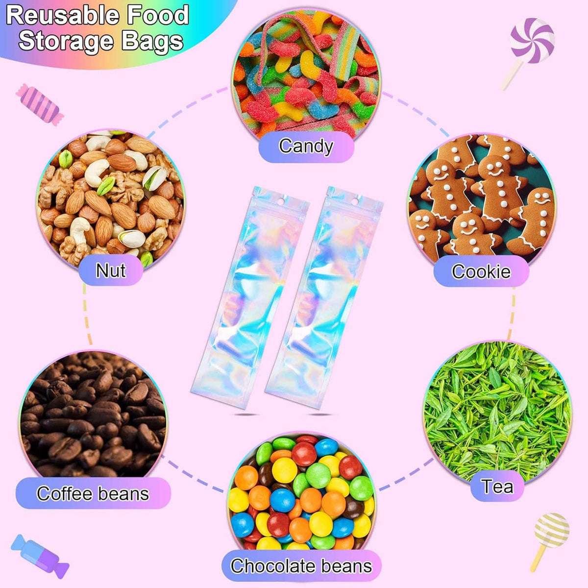 Holographic mylar zip bags shown as a pair, resealable top with hanging holes