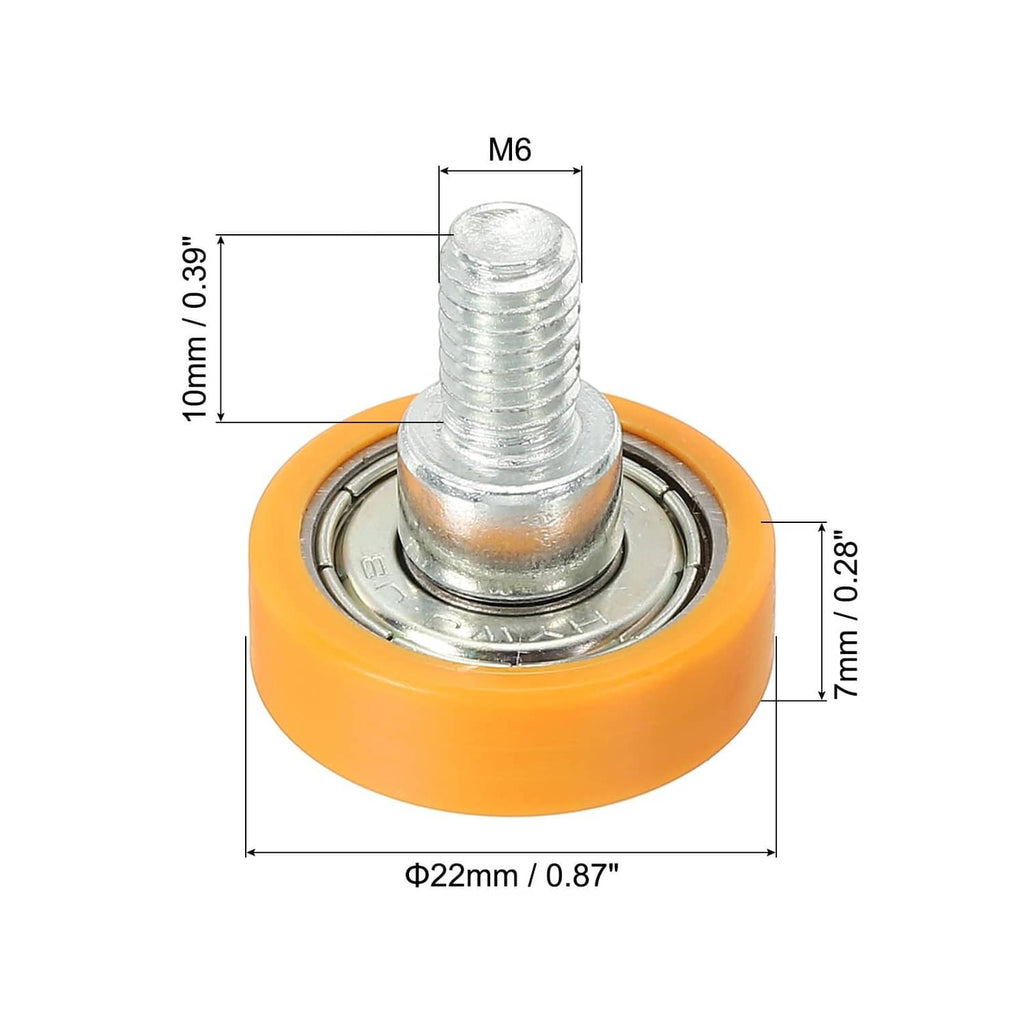 Orange plastic drawer roller with metal pulley wheel and threaded bolt, 22mm