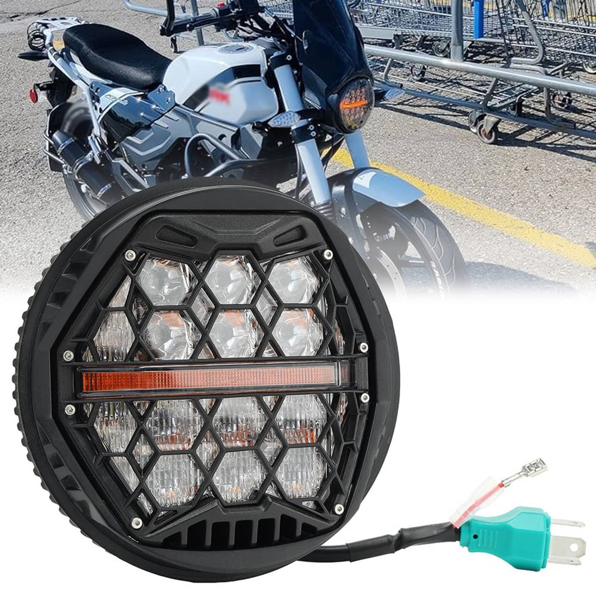 5.75-inch LED motorcycle headlight with black housing and visible beam elements