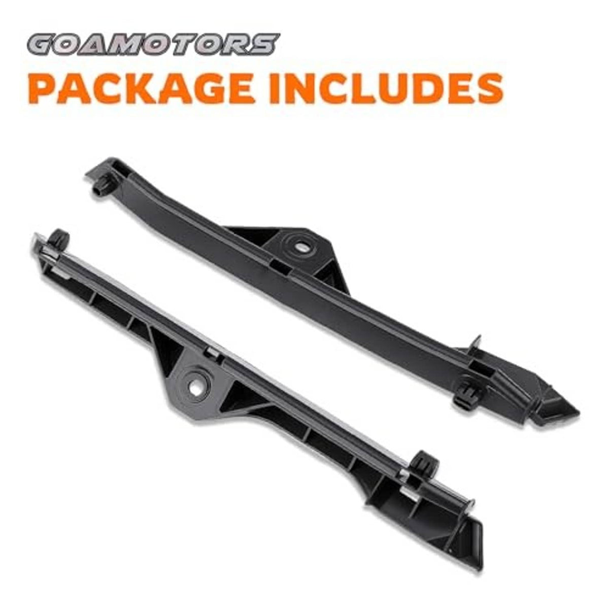 Two front bumper retainer brackets, black plastic with mounting holes and clips