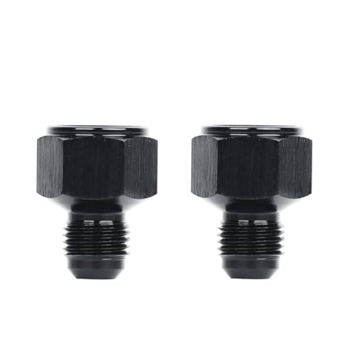 AN flare reducer adapter, black aluminum with 10AN female to 6AN male threads