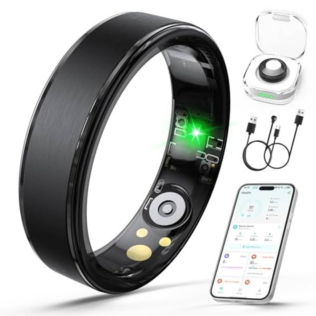 Black smart ring with glowing green display, displayed with charging case and phone