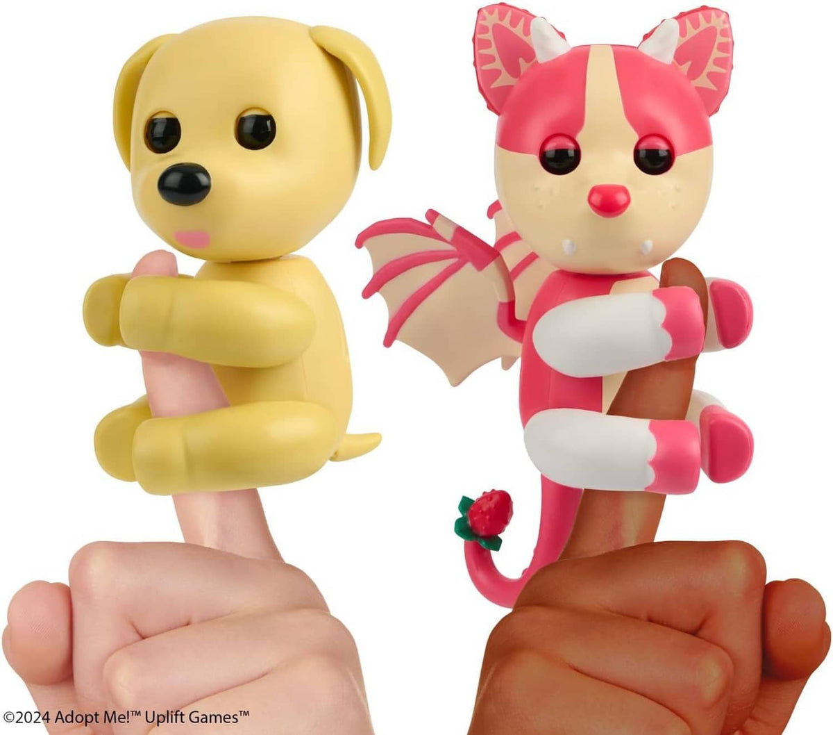 Yellow and pink pet collectible figures held together in hands