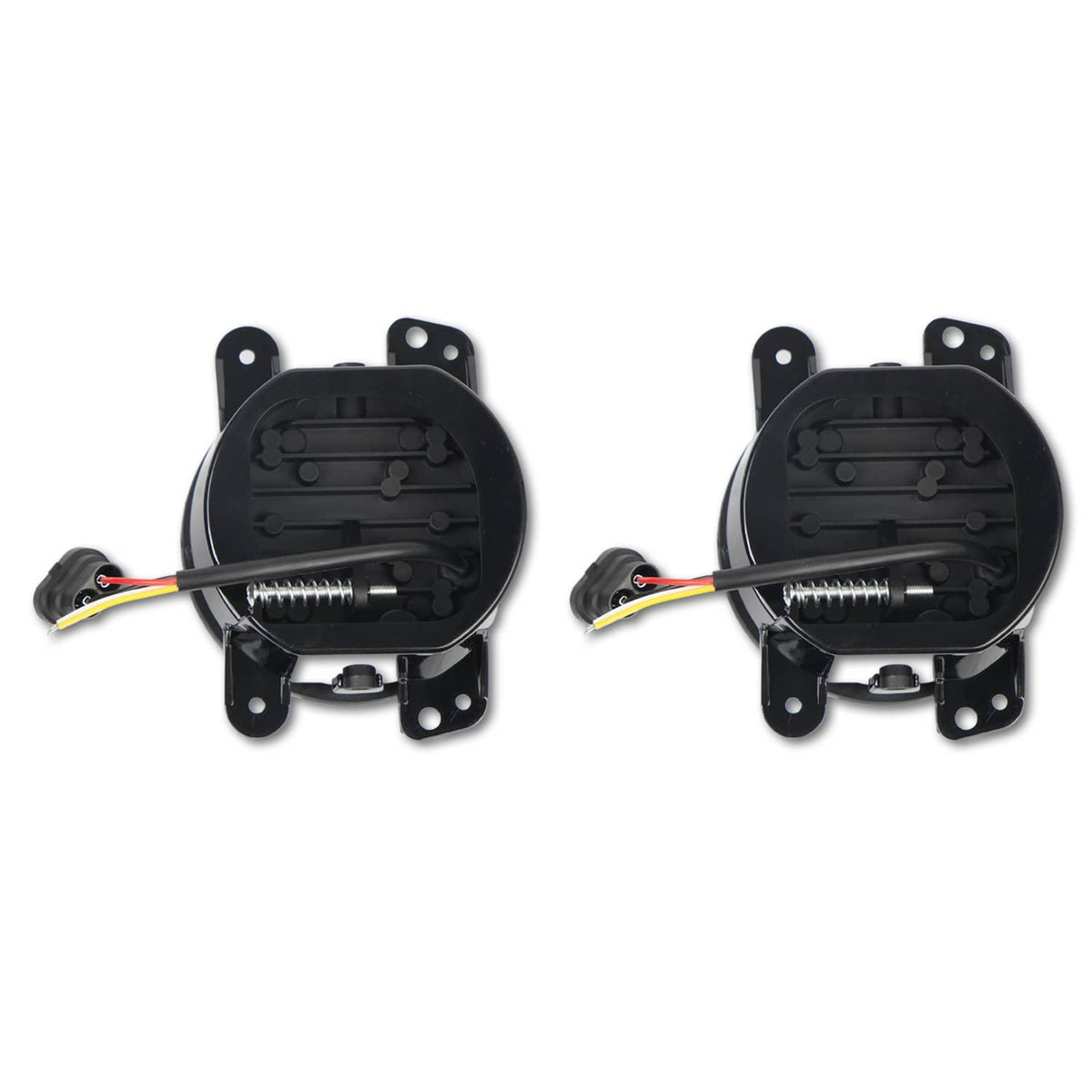 LED fog light housing set with wiring, black plastic round modules