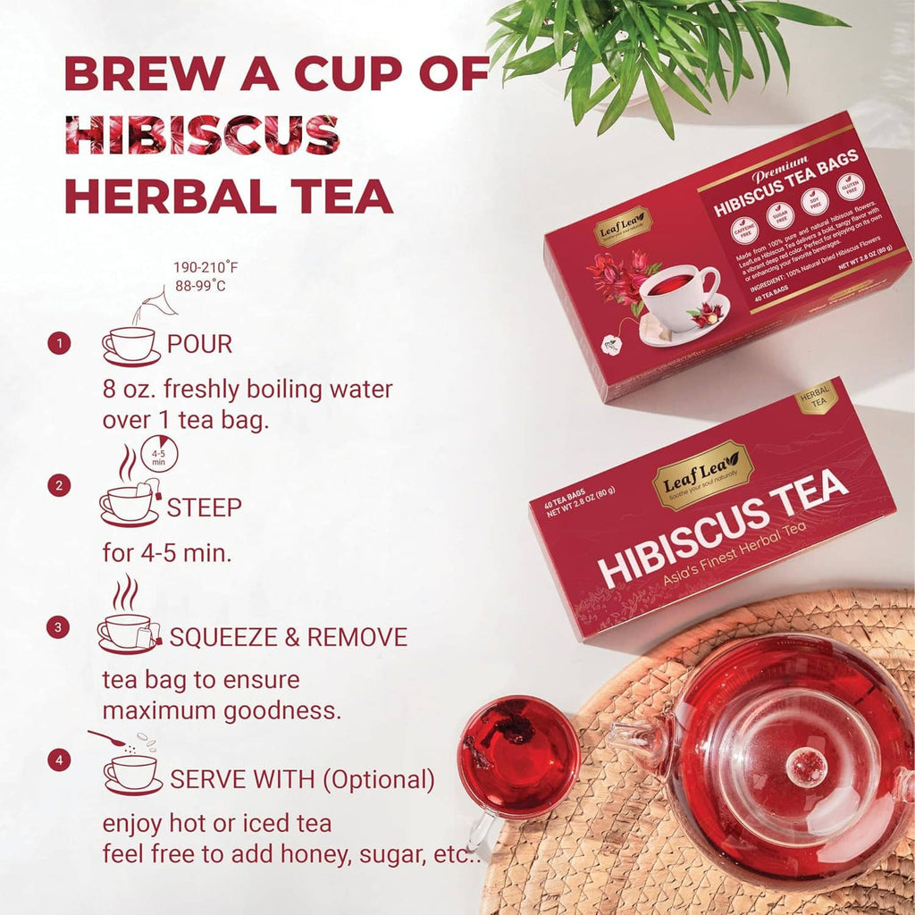 Brew guide graphic for hibiscus herbal tea with brewing steps and cup
