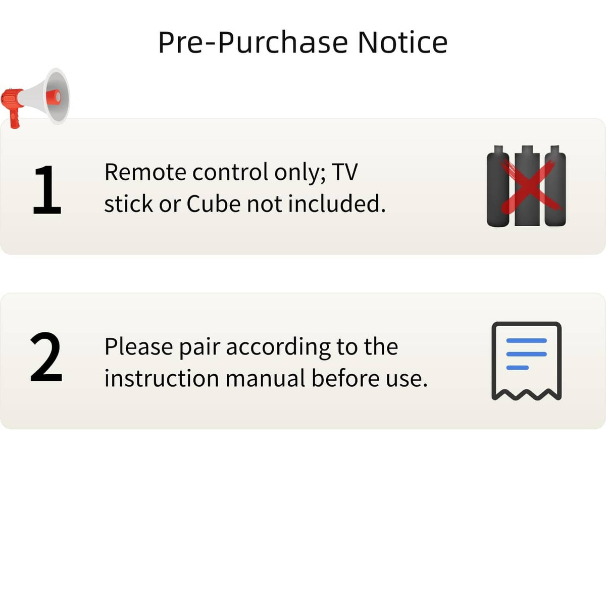 Pre-purchase notice graphic: remote control only; pair before using