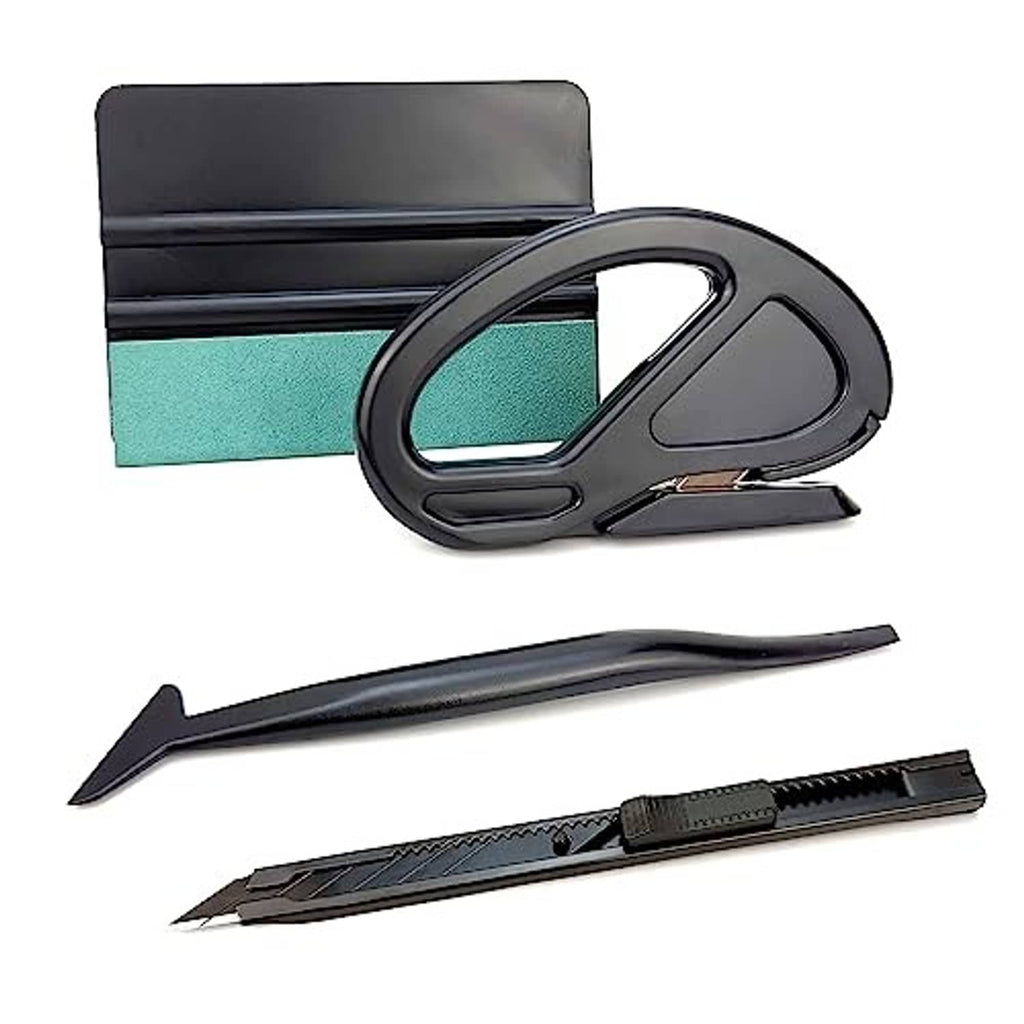 Window film tools kit with dark handle squeegee, curved blades, and blade holder