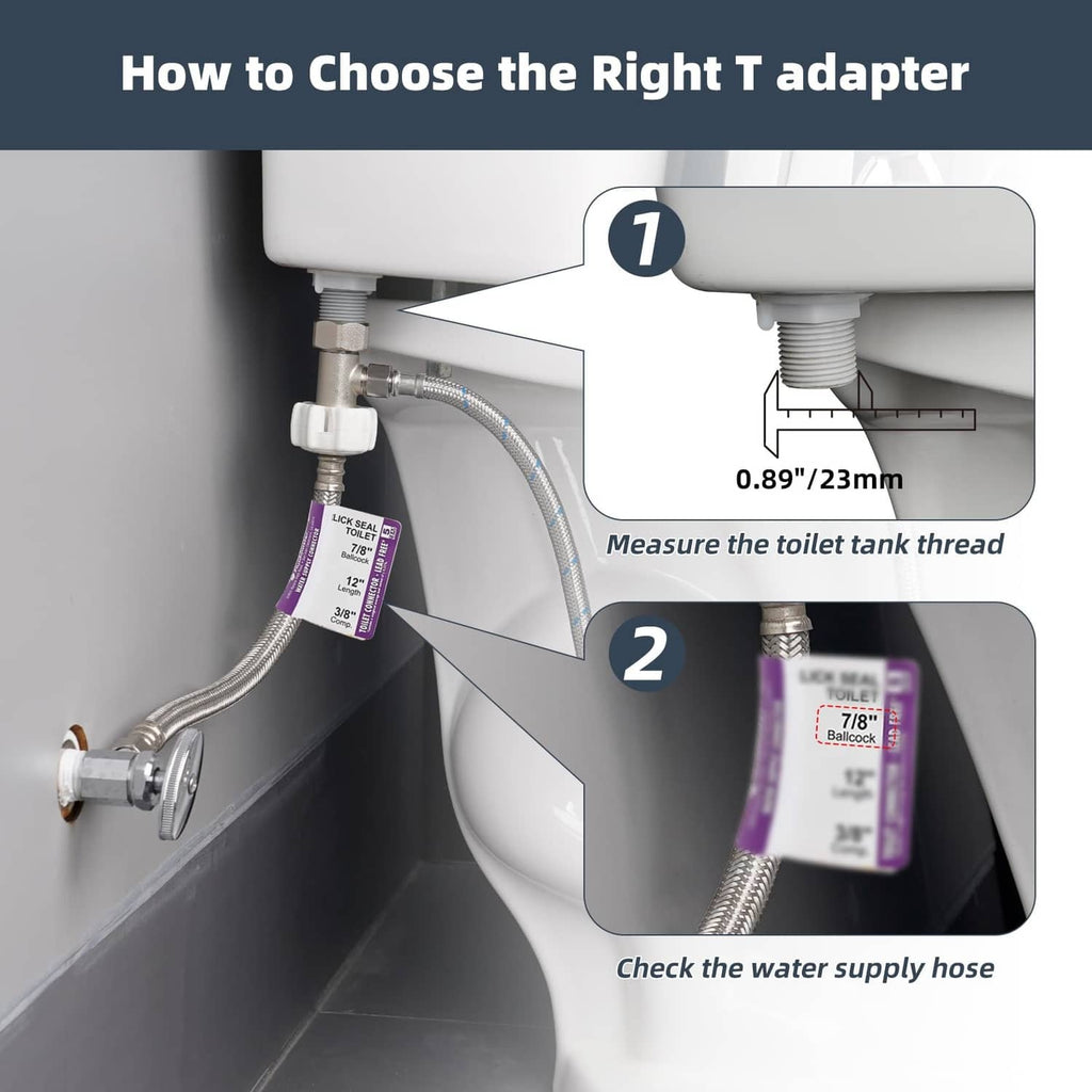 Bidet T-adapter connected to toilet tank outlet with threaded fittings and hose