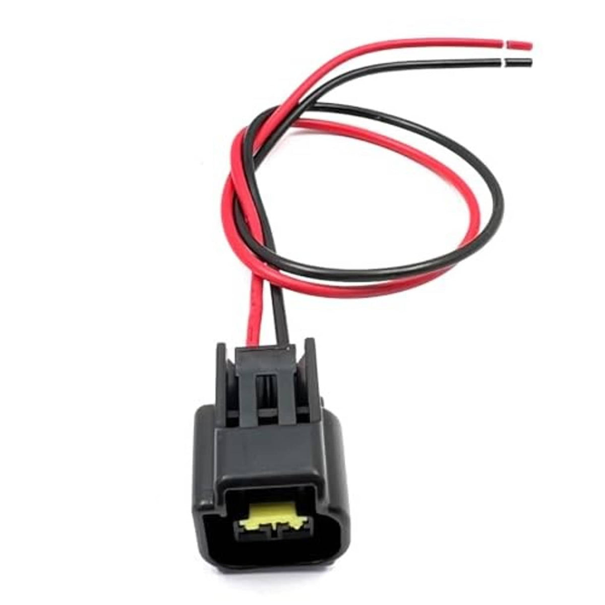 Vehicle sensor wiring harness connector with black housing and red/black wires, top view terminals