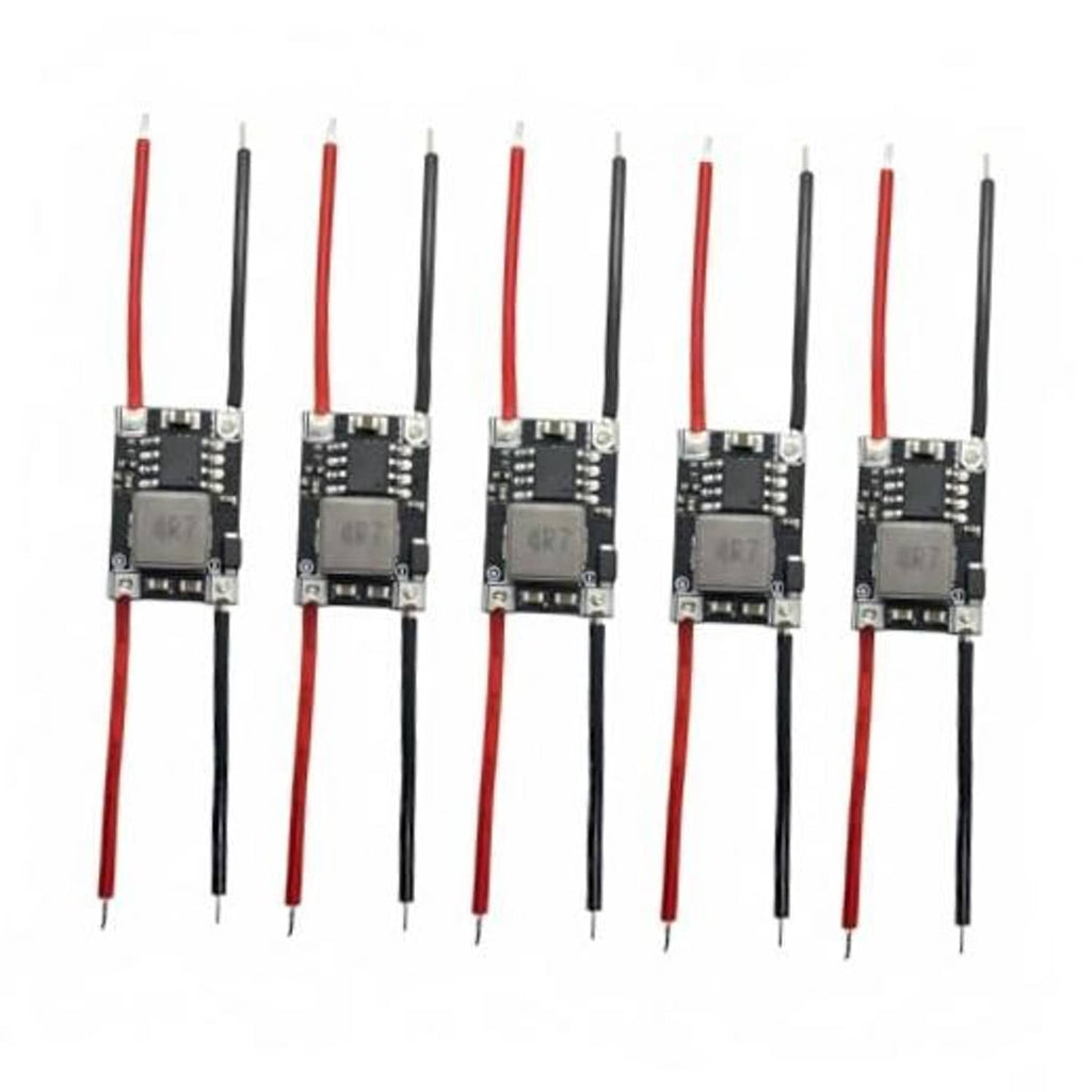 3.3V DC buck converter modules set, small PCBs with red and black leads (5-pack)