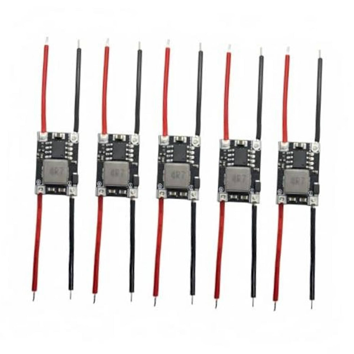 3.3V DC buck converter modules set, small PCBs with red and black leads (5-pack)