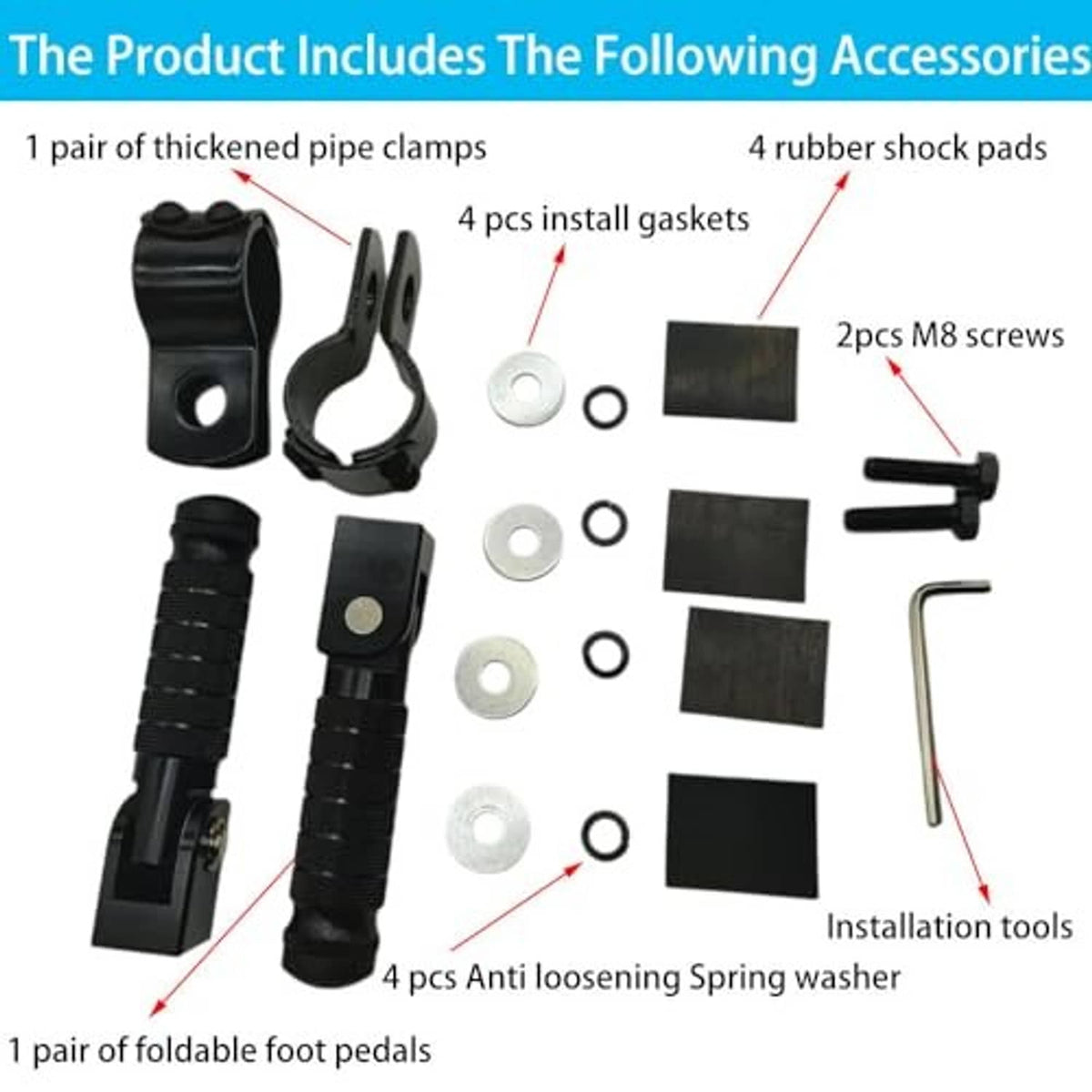 Foldable foot pedal kit contents including clamps, pads, screws, and installation tools