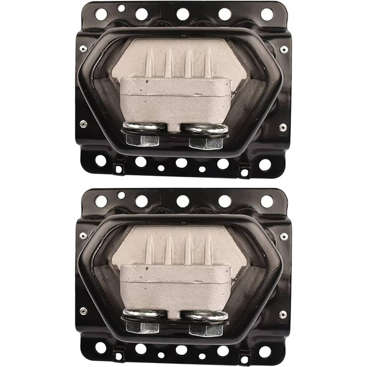 Pair of black engine mounts with silver bushing housings and bolt-through holes