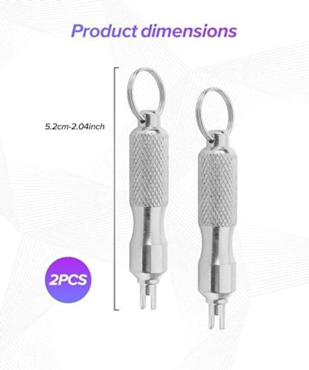 Two-piece valve core removal tool set with keyring loops and long metal shafts