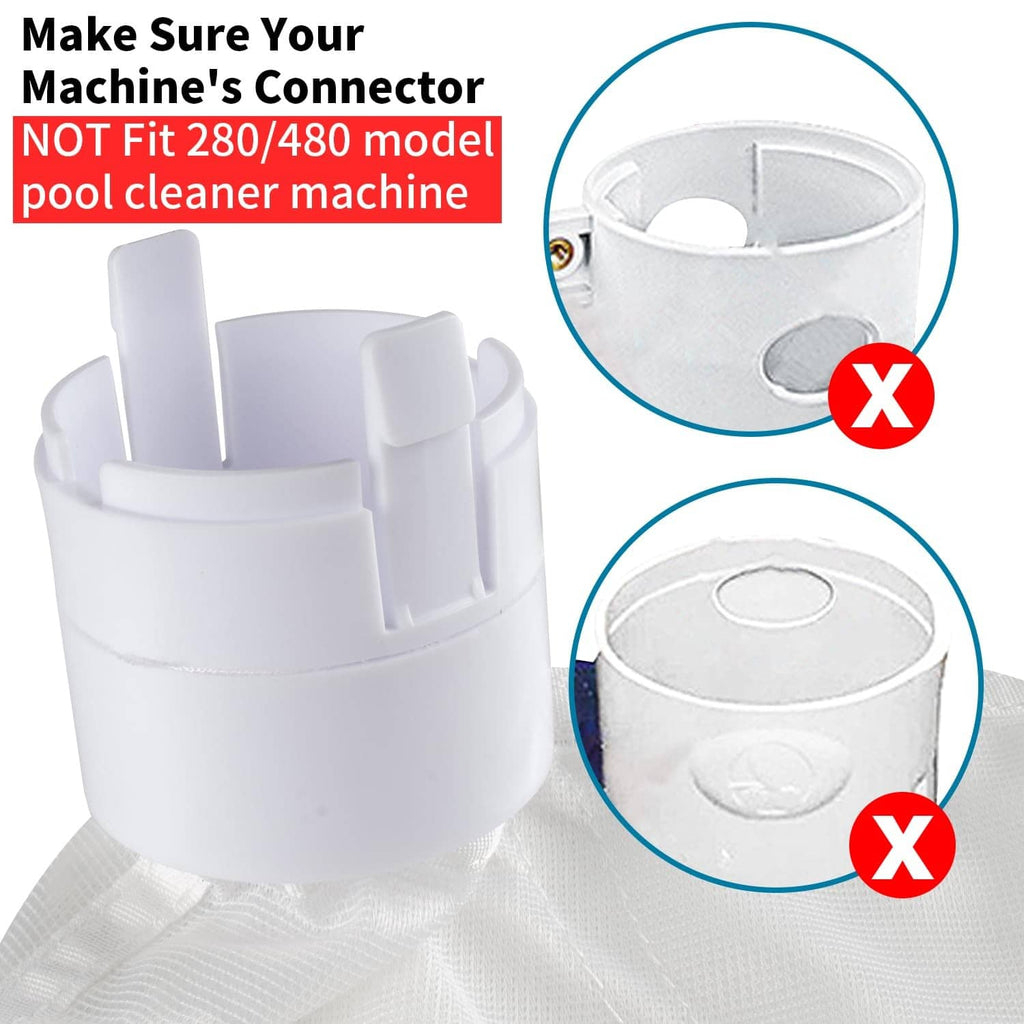 White pool cleaner replacement bag with connector top ring and zipper opening