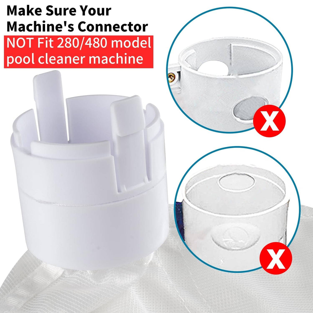 White pool cleaner replacement bag with connector top ring and zipper opening