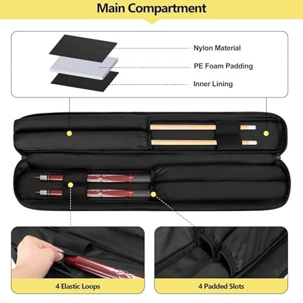 Black padded pool cue case with inner slots and elastic loops for holding cue shafts
