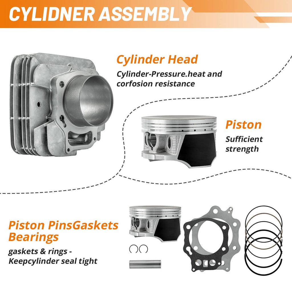 Cylinder assembly parts diagram: cylinder head, piston, pin, rings, and gaskets