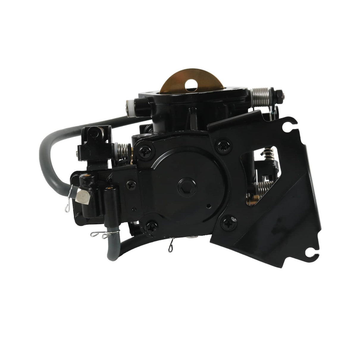 Carburetor unit with black cover plate, intake hose, and gold-tinted insert