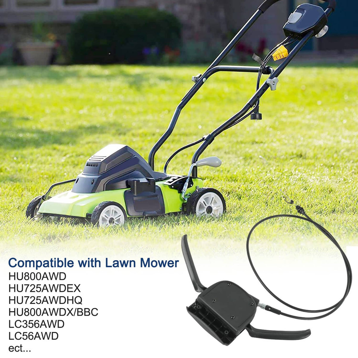 Black drive control cable module with handle switch on lawn mower handle assembly