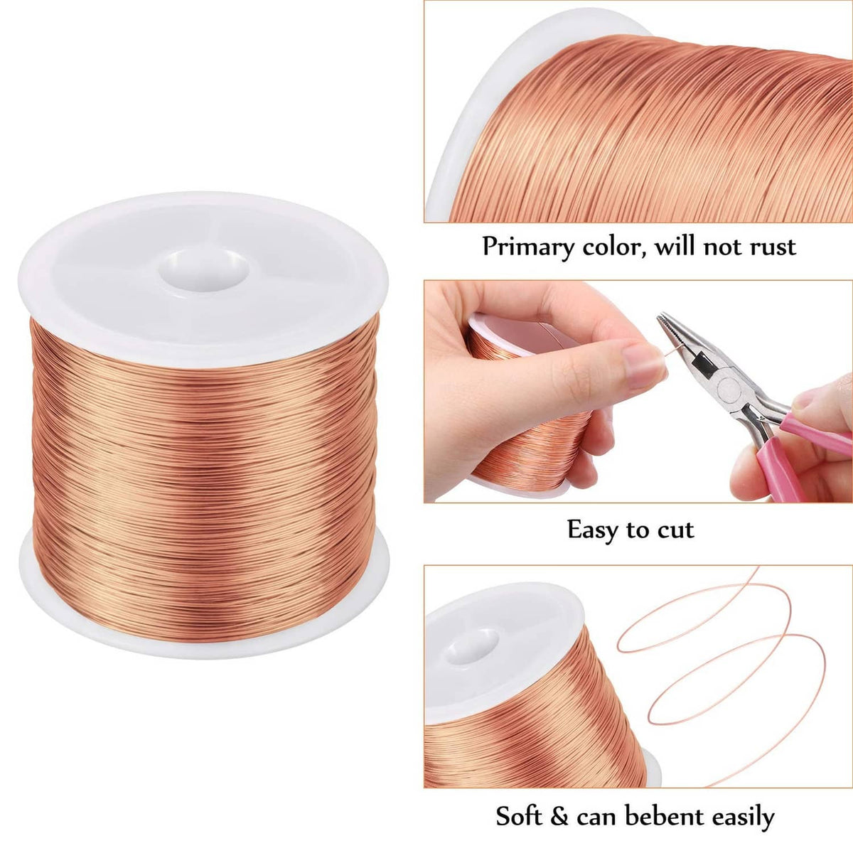 Rose gold jewelry wire spool with thin strands, shown being cut