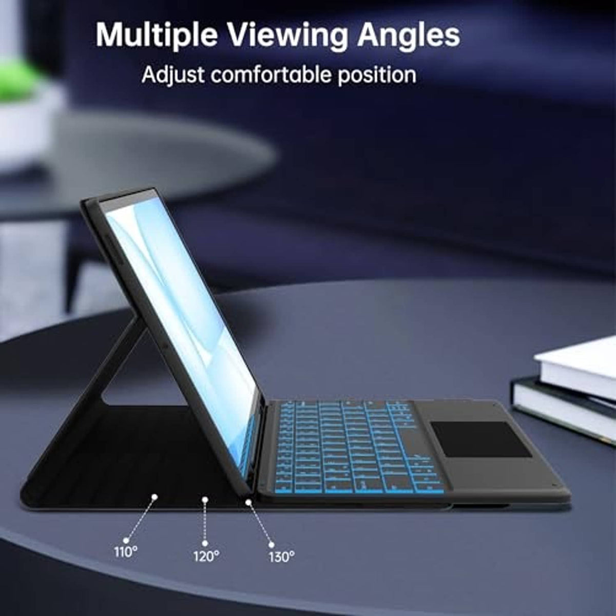 Black folio keyboard case with turquoise backlit keys at adjustable angle