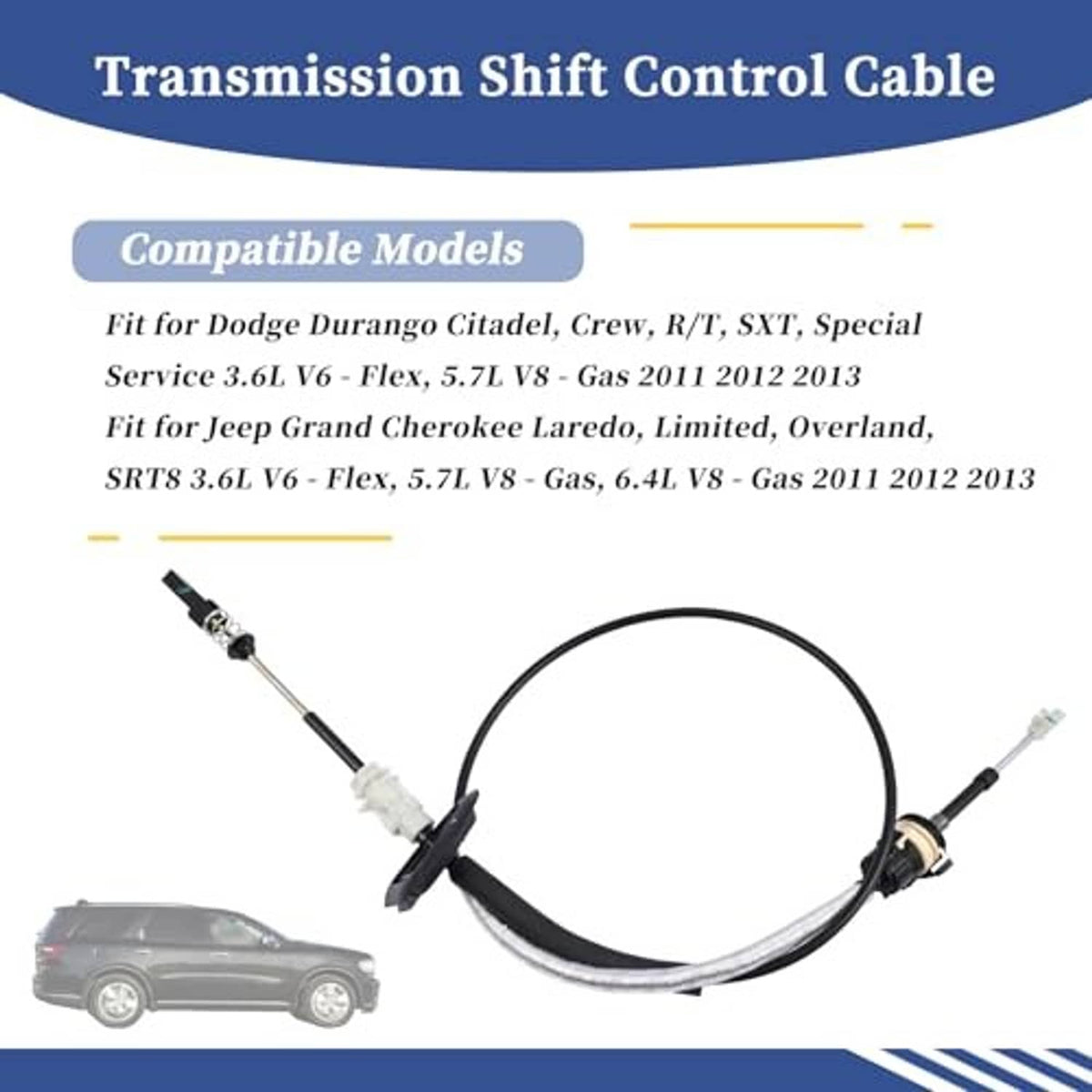Transmission shift control cable with looped black housing and white connector tips
