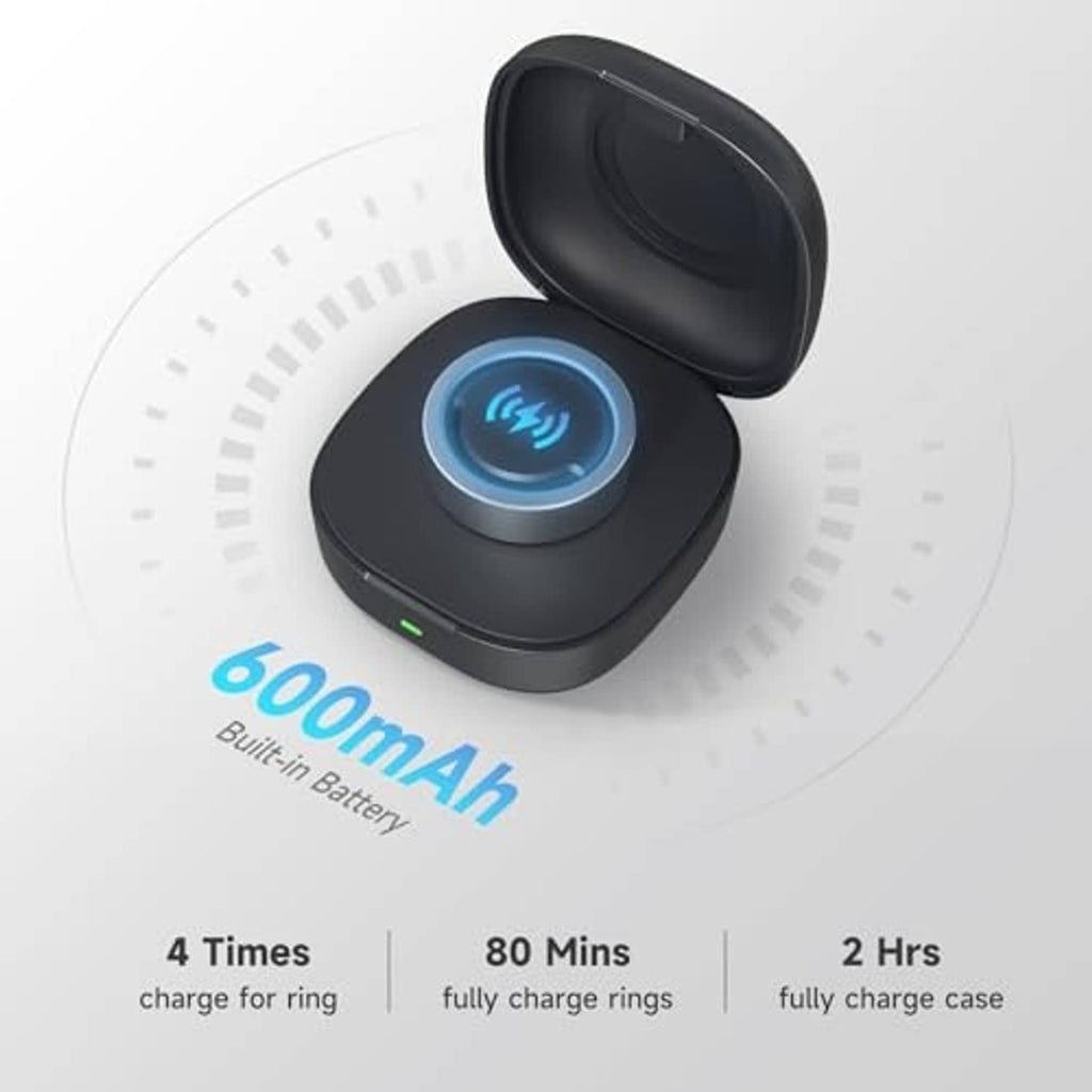 Black wireless charging case with metal charging ring lit blue, open lid