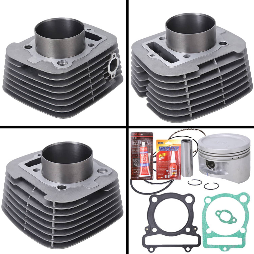 Cylinder top end kit collage: finned cylinder, piston, gaskets, rings, and red packages