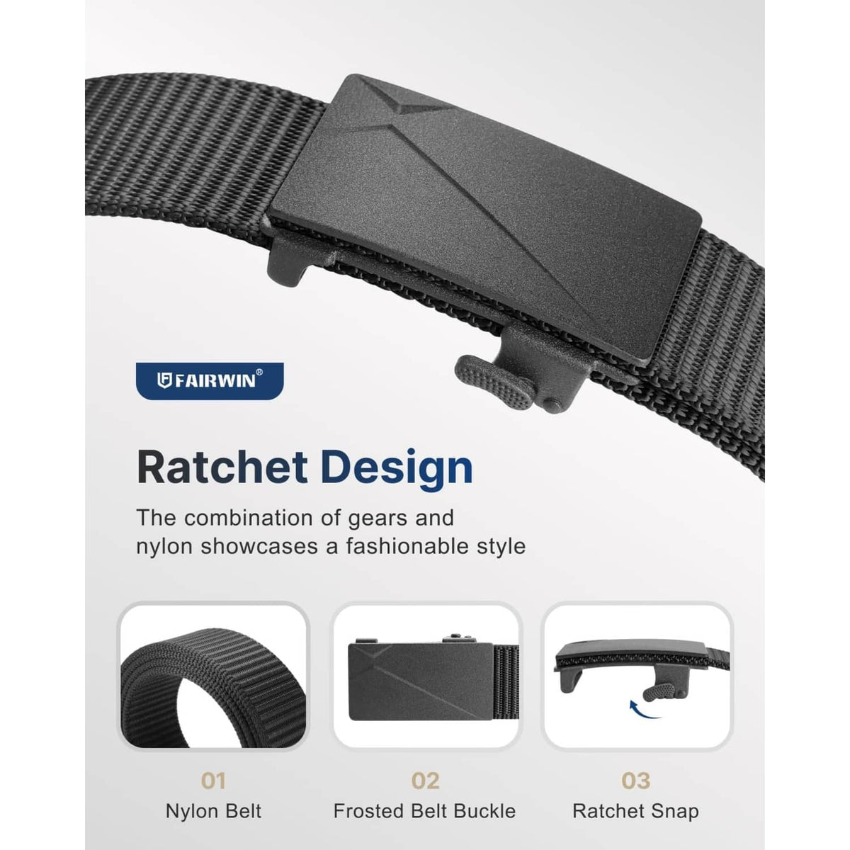 Men's ratchet belt buckle close-up on woven nylon strap, dark frosted finish