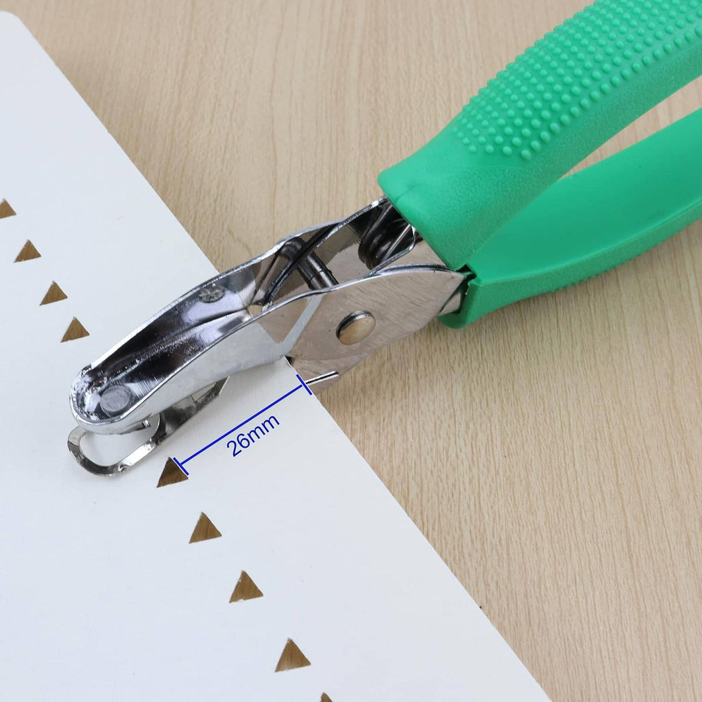 Metal triangle hole puncher head with green handle pressing paper