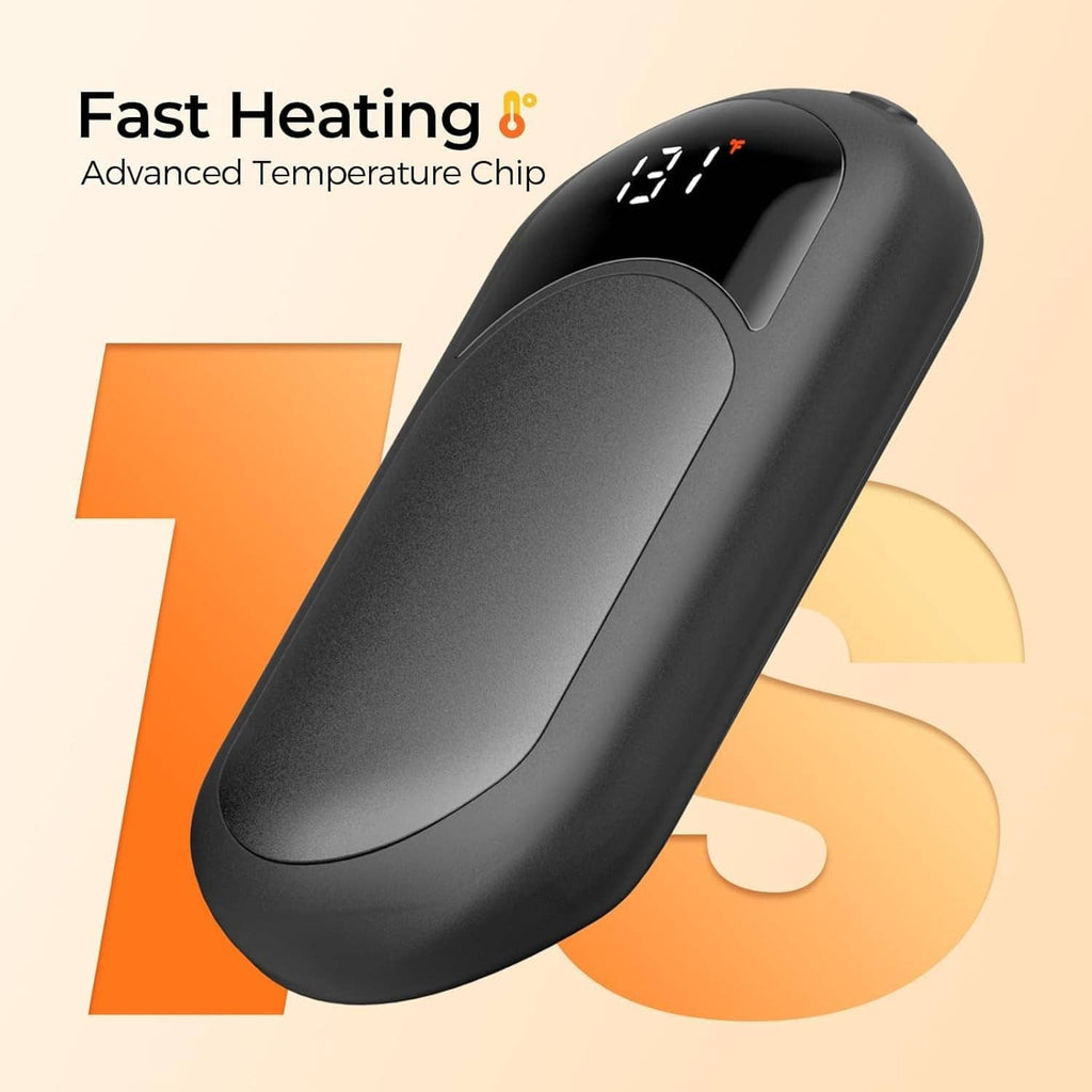 Black rechargeable hand warmer with temperature digits and curved heating surface