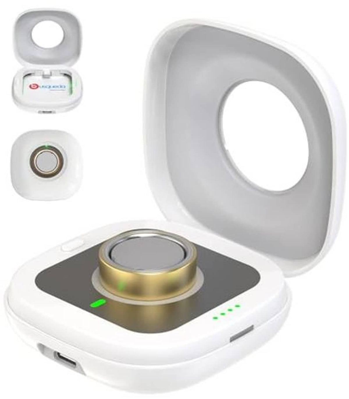 White wireless charging case with open lid and gold-toned charging pad