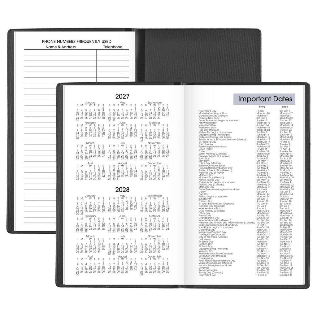 AT-A-GLANCE 2027 monthly planner opened to phone numbers and important dates pages