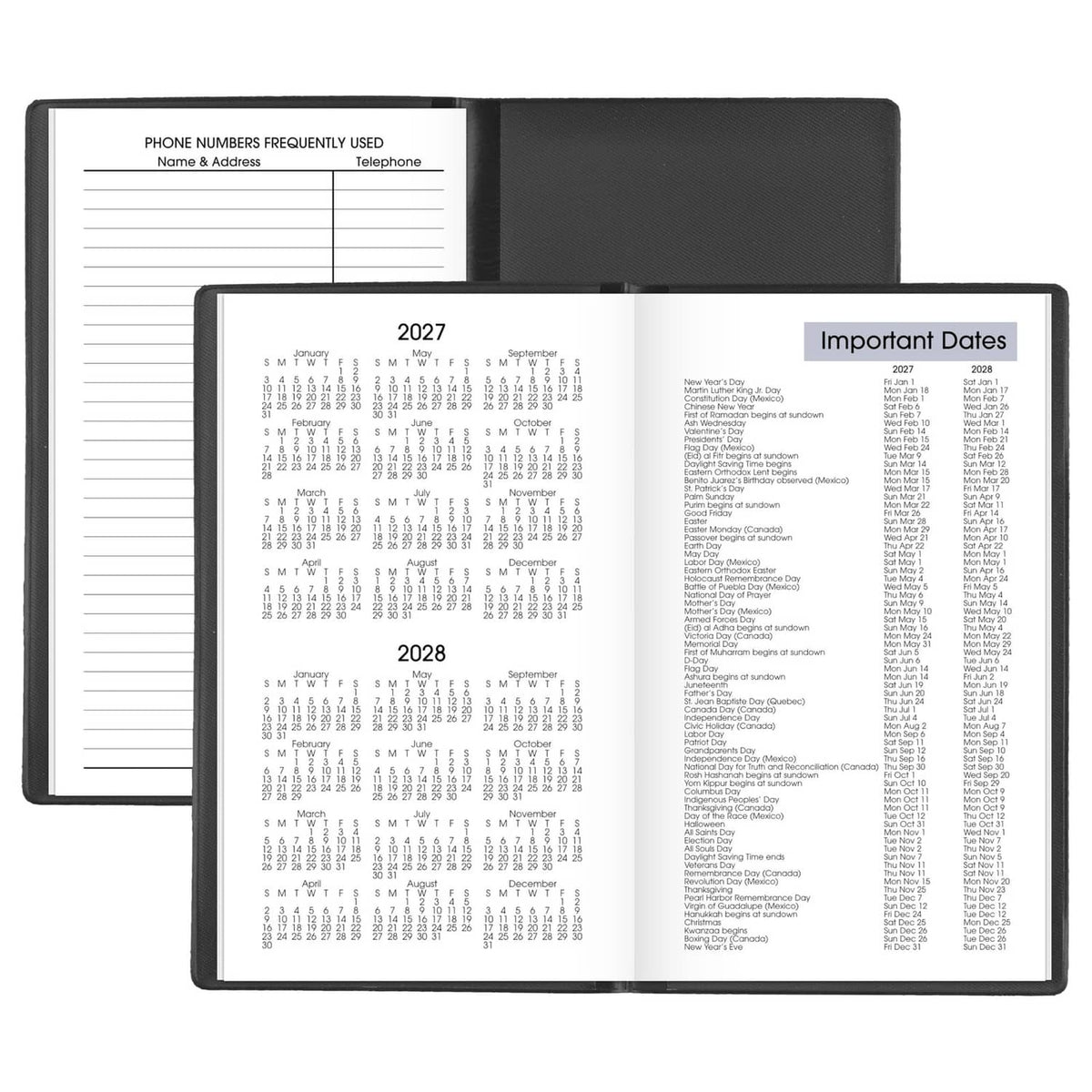 AT-A-GLANCE 2027 monthly planner opened to phone numbers and important dates pages