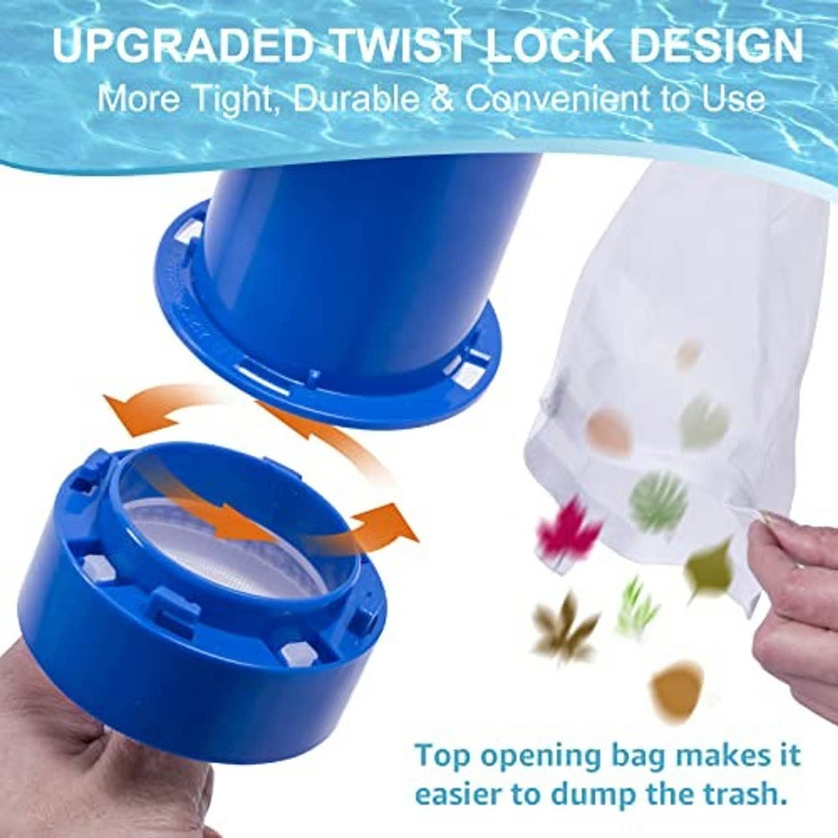 Pool vacuum bag canister with twist-lock blue housing and white mesh collection bag