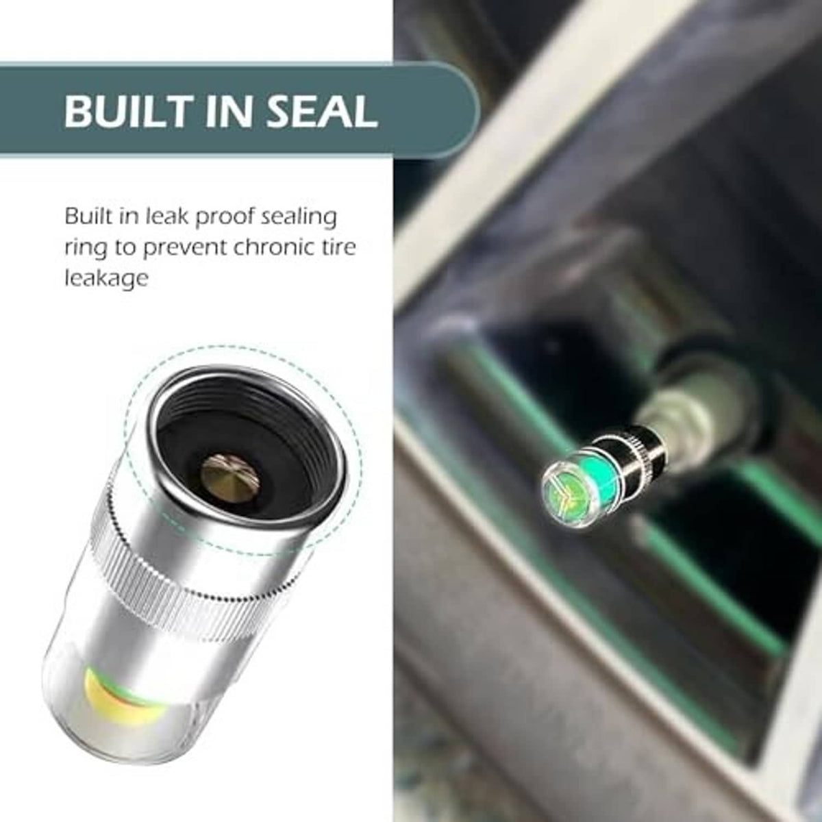 Chrome tire valve cap with green and red insert, shown near valve opening