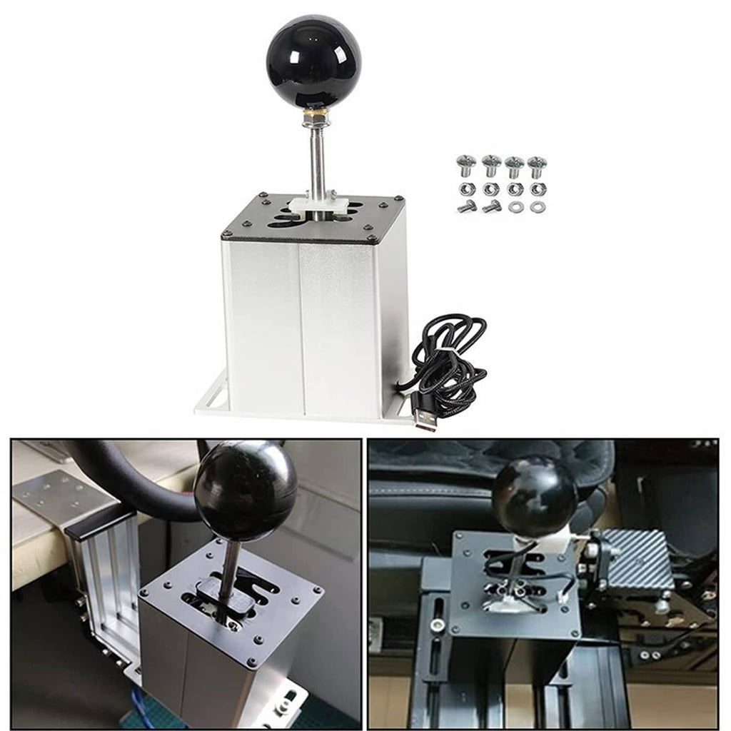 USB sim racing gear shifter with black knob, metal base, cables, and spare mounting screws
