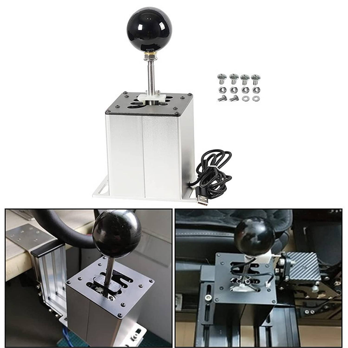 USB sim racing gear shifter with black knob, metal base, cables, and spare mounting screws
