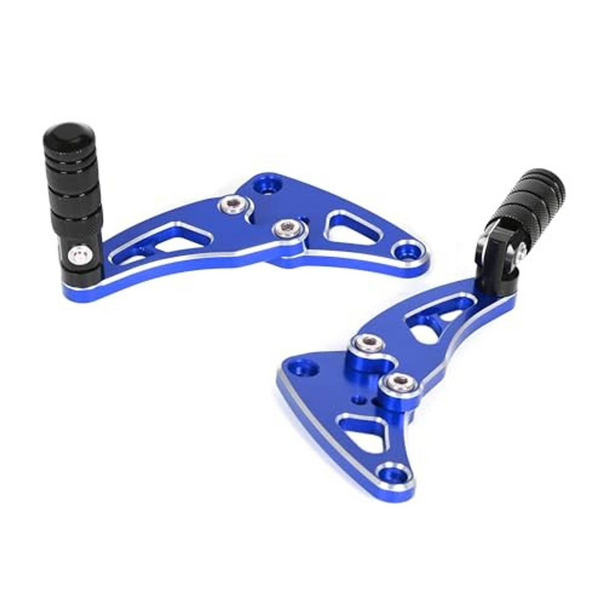Blue rear footrest bracket set with black rubber pegs, bolts, and center pivot