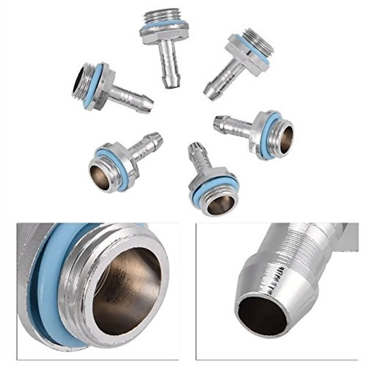 Barb fitting adapters with blue gasket rings, including close-ups of ports
