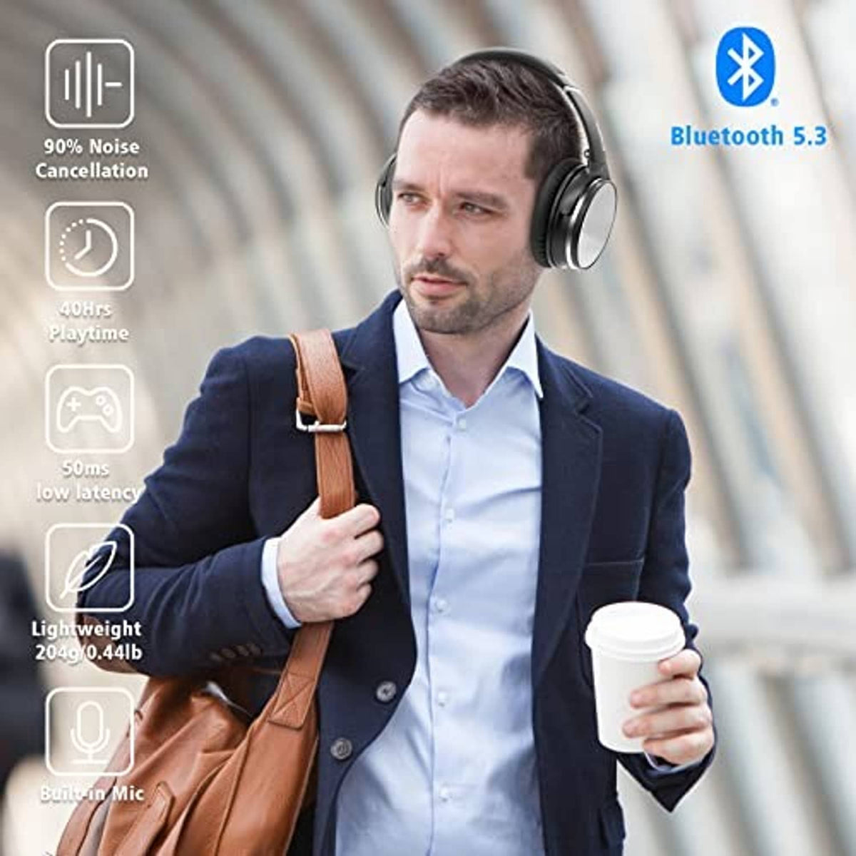 Black over-ear headphones worn by a man with padded headband and ear cups